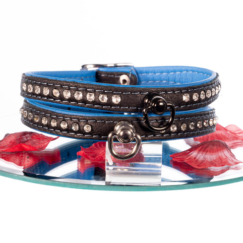 SiaLinda: Halsband echtes Elch Leder mit kleinem O-Ring und Strass, schwarz / blau 14 mm breit - SiaLinda.com